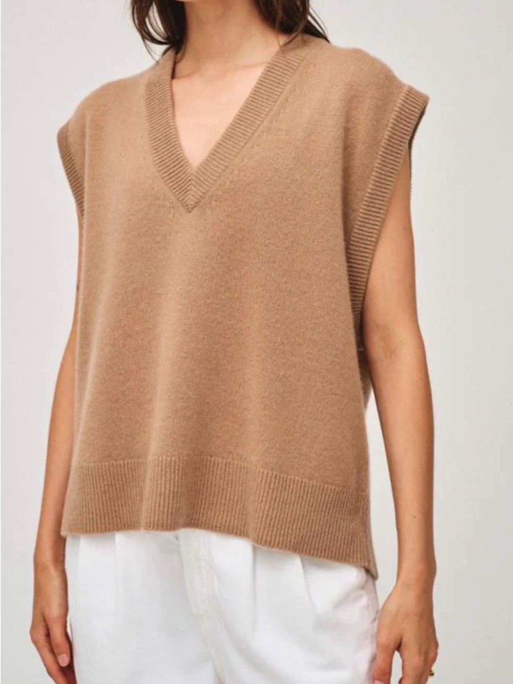 White + Warren Camel Cashmere Rib Trim Vest